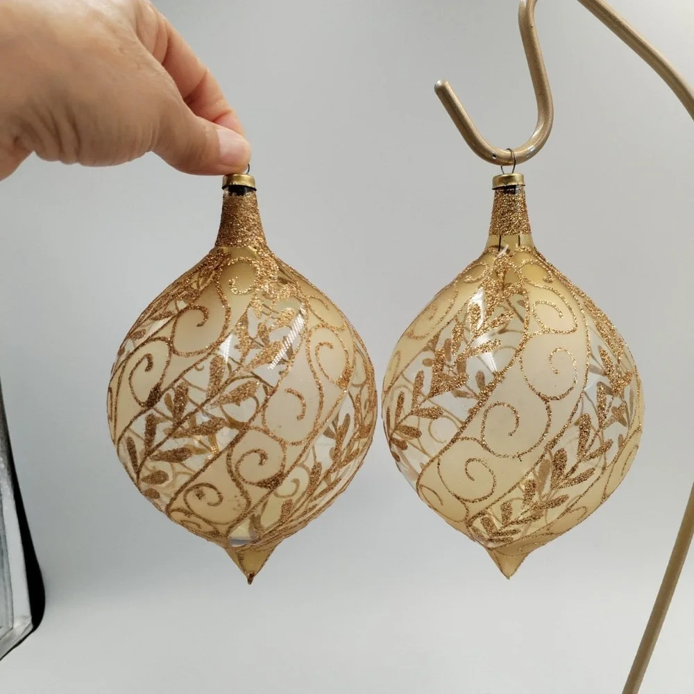 2 Handblown Champagne Glass Finial Ornaments Gold Glitter Filigree Michoacan